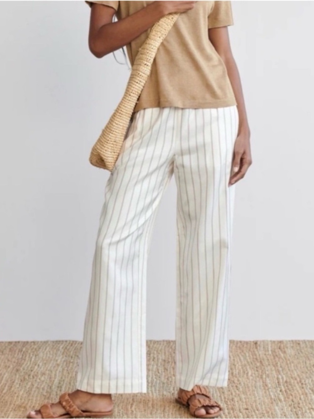 Bianca Pants XXL Ivory Cream Navy Stripe Wide Leg Satin Pull On 27.5 Inseam